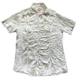 EMILIO SACCI 100% Linen Y2K Graphic Studded Button Up Short Sleeve Shirt‎